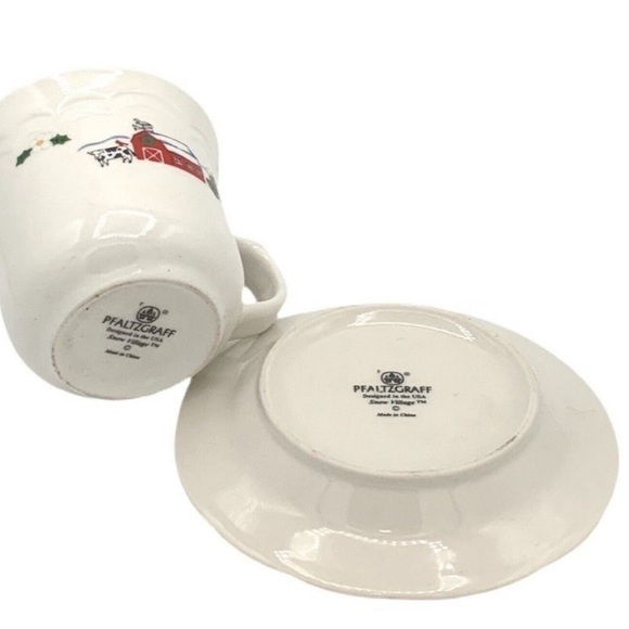 Pfaltzgraff Snow Village Flat Cup & Saucer Coffee Tea Angel Farmhouse Set of 2 - Picture 3 of 6
